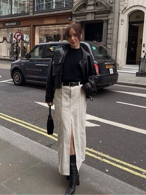 Zara Cream Midi Skirt High Waist Front Slit Cotton Minimalist Capsule Size M